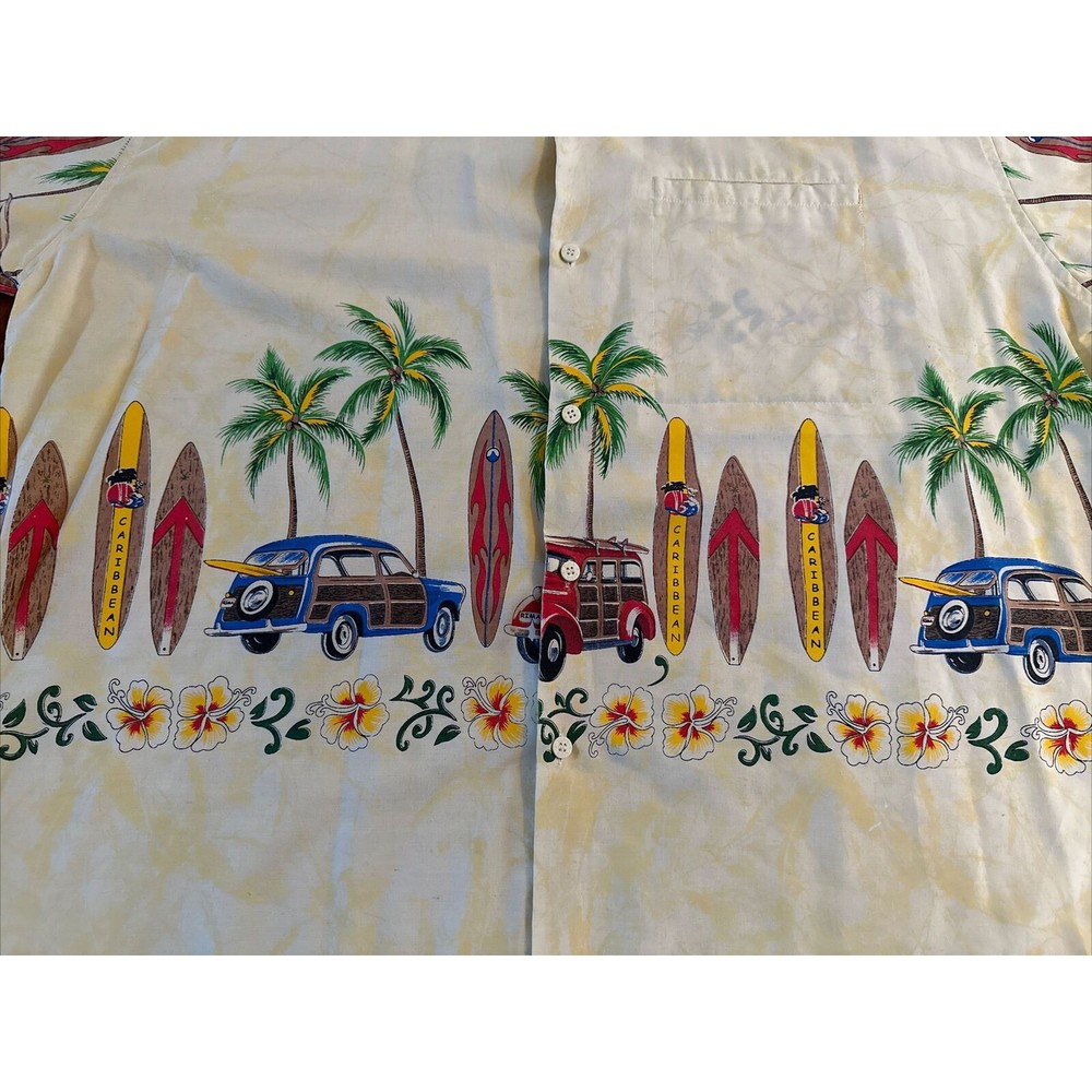 Men’s Hawaiian Shirt Caribbean Surfboards Cars Floral Flowers L / XL Button Up - Picture 4 of 13